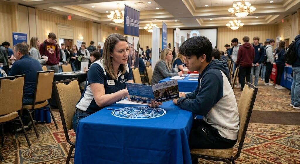 Student meeting with university recruiter